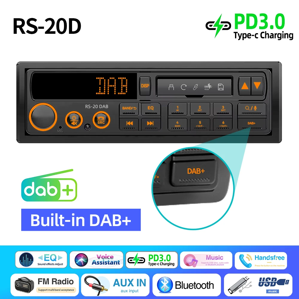 1DIN Retro Car Radio MP3 Player Stereo FM AM RDS DAB Receiver QC3.0 Bluetooth Fo
