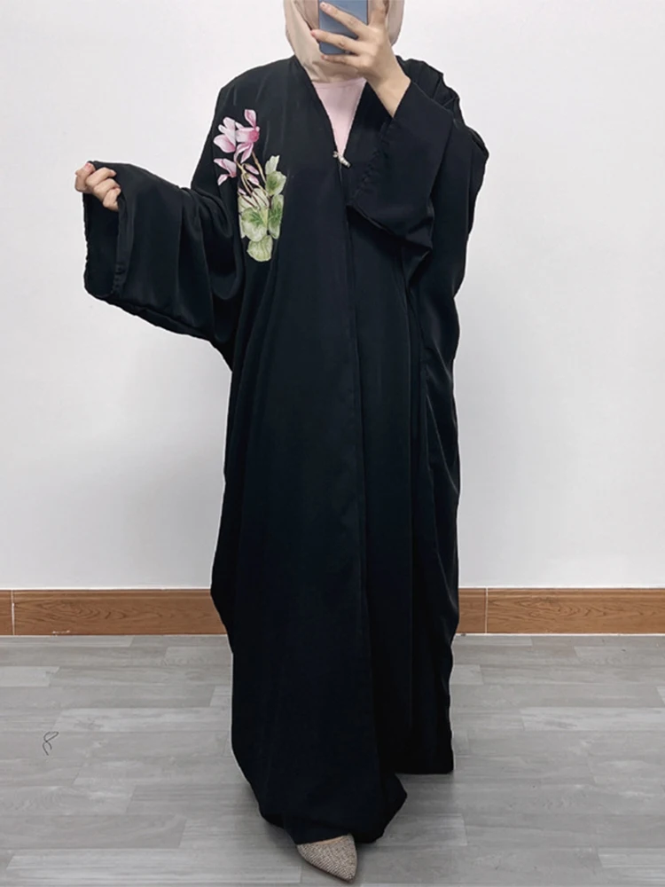 

Muslim Ramadan Solid Modest Batwing Sleeve Printing Maxi Size Saudi Women Open Kimono Abayas Islamic Clothing Moroccan Kaftan