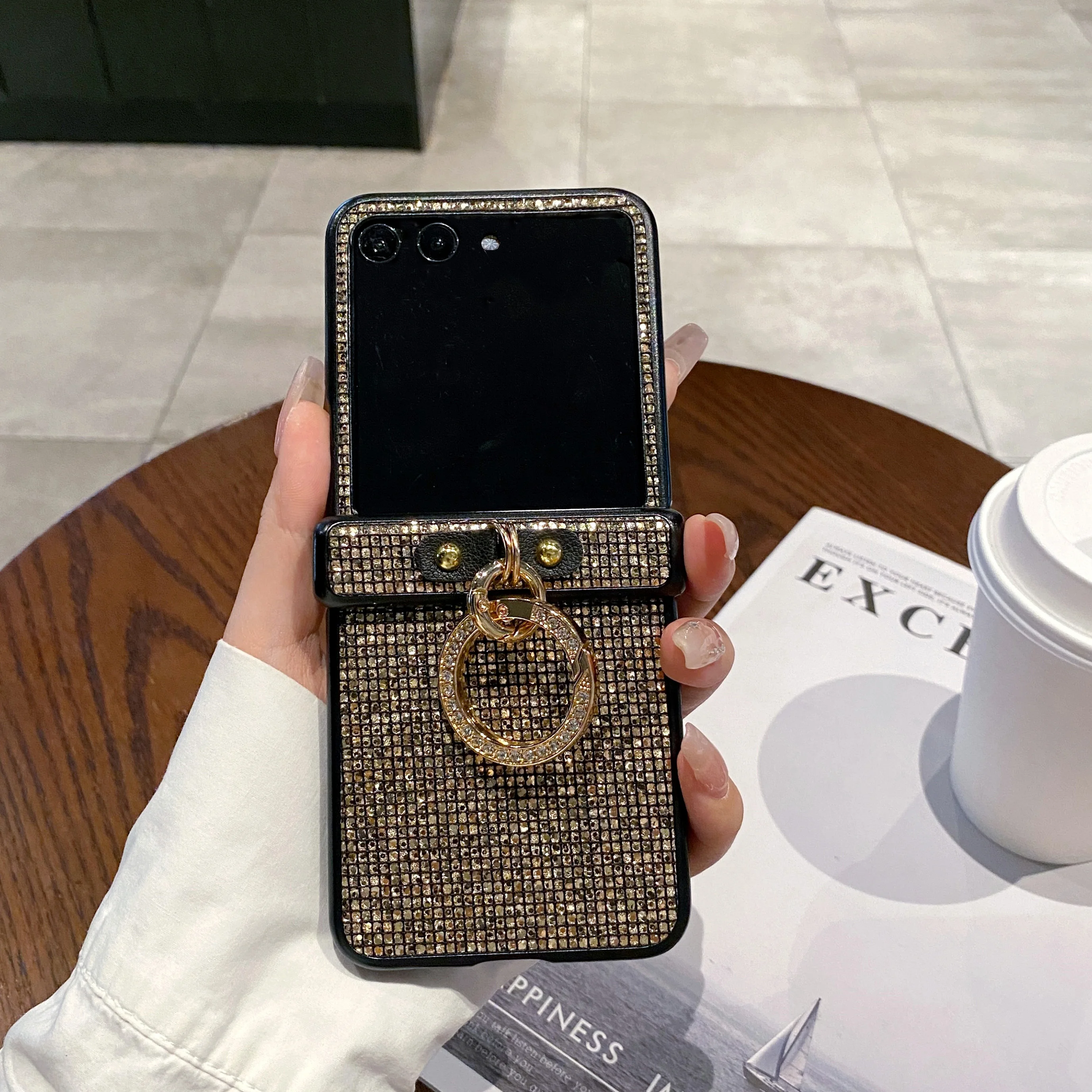 Sparkling Grid Pattern Phone Case with Fashion Faux Diamond Ring Buckle - Hard Shell Design
