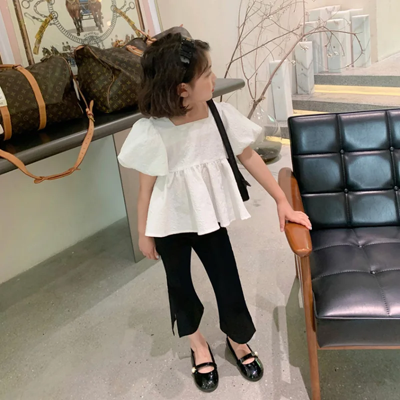 Kids Shirts Summer Girls' Short Sleeve Sweet Square Neck Bubble Backless Top Big Bow Fashion Versatile Short Sleeve Shirt Children Clothing