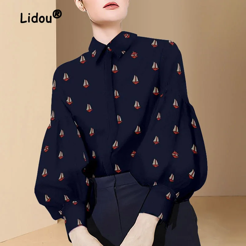 Temperament Fashion Printing Blouse Women New Classic Lantern Sleeve Polo Collar Slim Office All-match Single-breasted Shirt