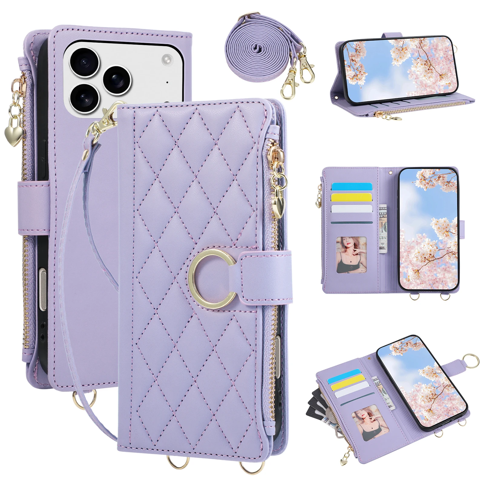 Quilted Zipper Wallet Phone Case with Crossbody Strap and Card Holder