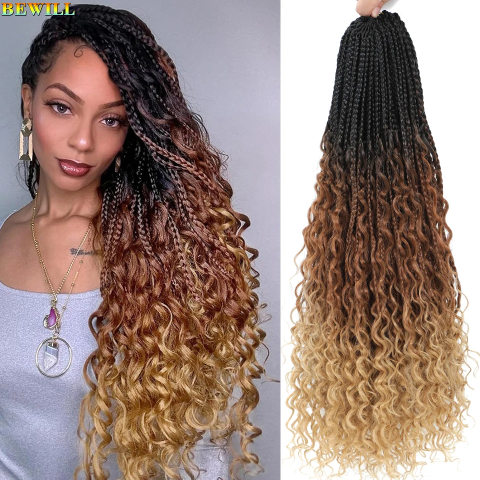 BEWILL 18 24inch Boho Box Braids Crochet Hair Bohemian Goddess Box Braids Synthetic Crochet Hair with Curly Ends for Black Women