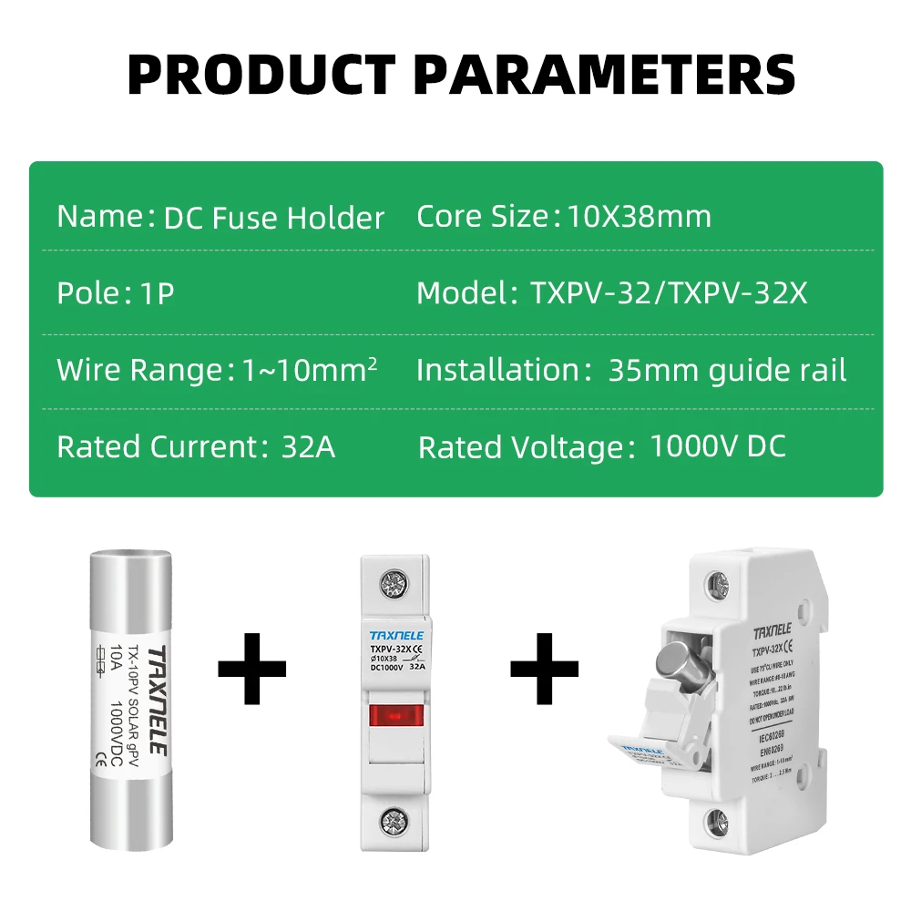 Solar DC Fuses 1000V PV Photovoltaic 6A 10A 15A 20A 25A 30A DC Fuse Holder Base for Solar System Short Circuit Protection gpV