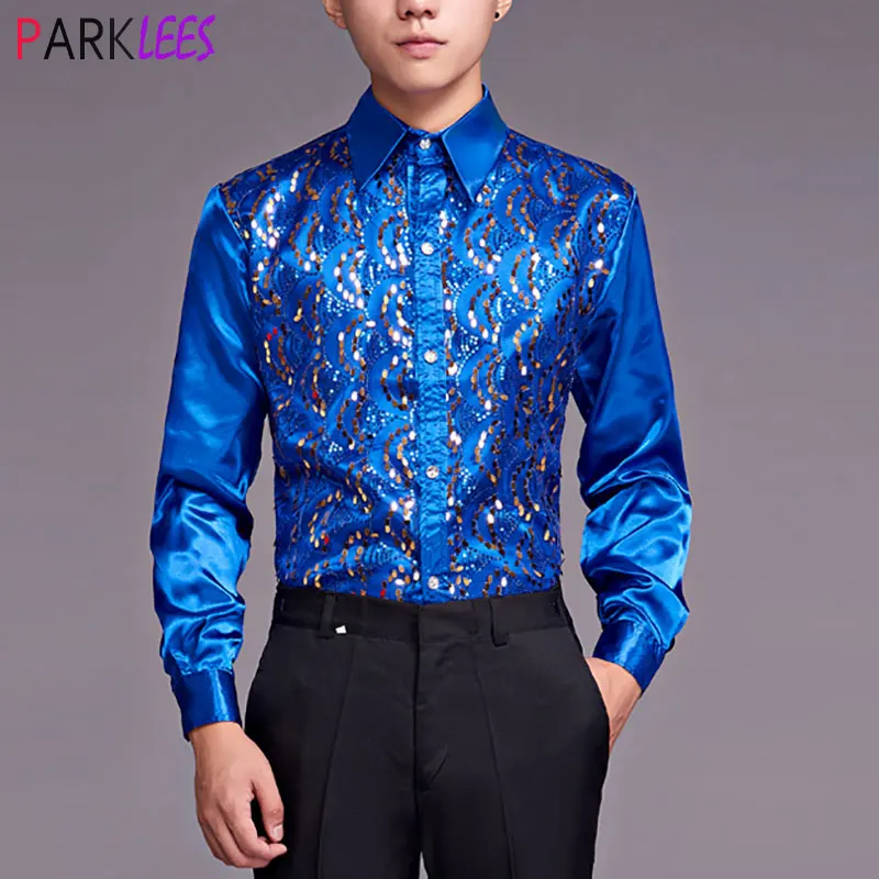 Shiny Royal Blue Sequin Satin Mens Dress Shirts Long Sleeve Slim Fit Glitter Nightclub Shirt Men Party Stage Prom Chorus Chemise sansa dark blue فساتين سهره فاخره 2023 elegant plus size فساتين السهرة sweetheart vestidos de noche sequin on chest prom dresses