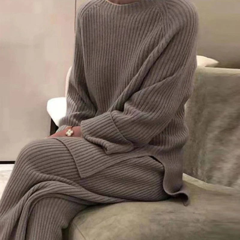 Женский трикотажный костюм из двух предметов, повседневный однотонный пуловер с круглым вырезом и брюки, домашняя одежда, осень-зима 2022