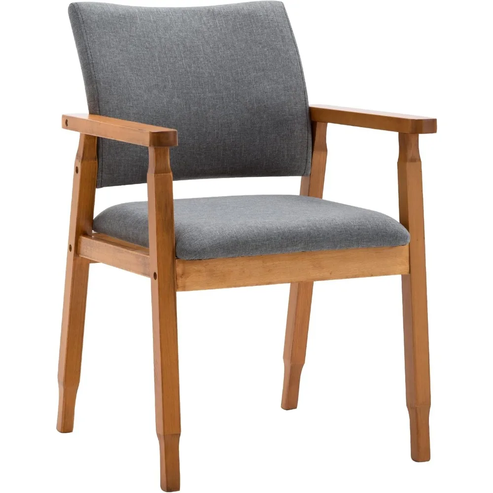 Mid Century Modern Walnut Dining Chairs Wood Arm Grey Fabric Kitchen Cafe Living Room Decor Furniture