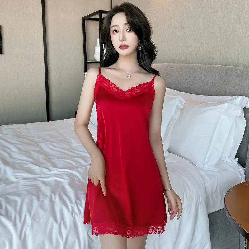Women's Sexy Lace Mini Pajamas New Summer Suspender Pajamas Fitted Underwear Thin Silk Satin Home Dress Nighty for Ladies
