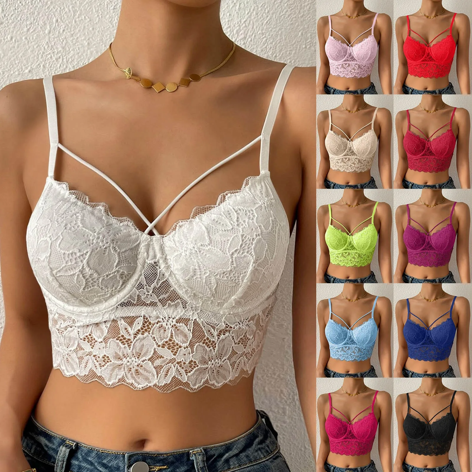 Hot Girls Lace Bra Nightclub Women's Multi Colors Cropped Tops Mujer Bustiers Padded Bra Strappy Hollow Out Breathable Underwear