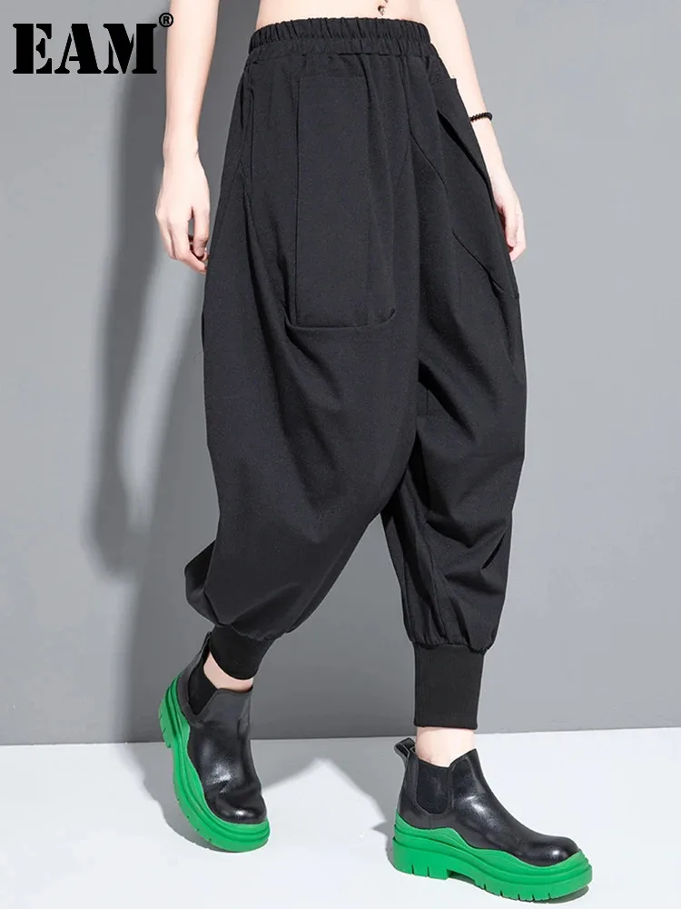 

[EAM] High Elastic Waist Black Casual Long Harem Pants New Loose Fit Trousers Women Fashion Tide Spring Autumn 2024 1DH0578