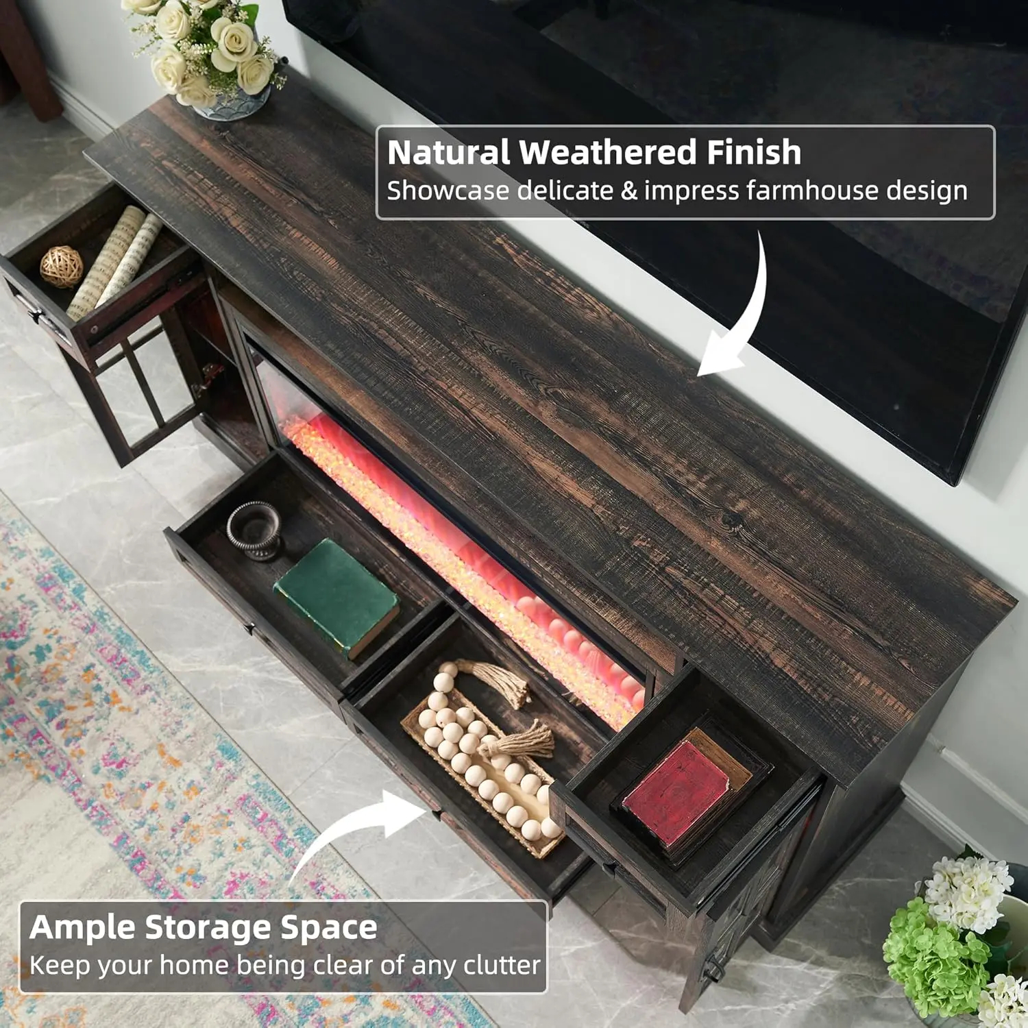 Fireplace TV Stand for 80 Inch TV, Farmhouse Entertainment Center with 42" Fireplace & LED Lights, Modern Media Console Table 5