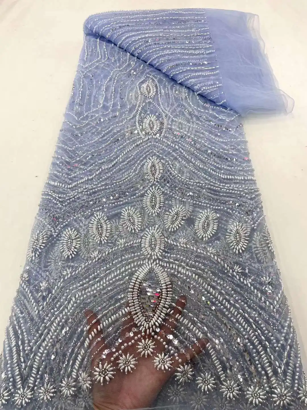 Heavy Beaded Quality Lace Fabrics 2023 African Embroidery Sequins Beads Lace Fabric for Wedding French Tulle Lace Fabric 5 Yards anna blue african heavy beaded lace fabric wedding 2020 high quality embroidered french net laces fabrics 5 yards pcs for sewing