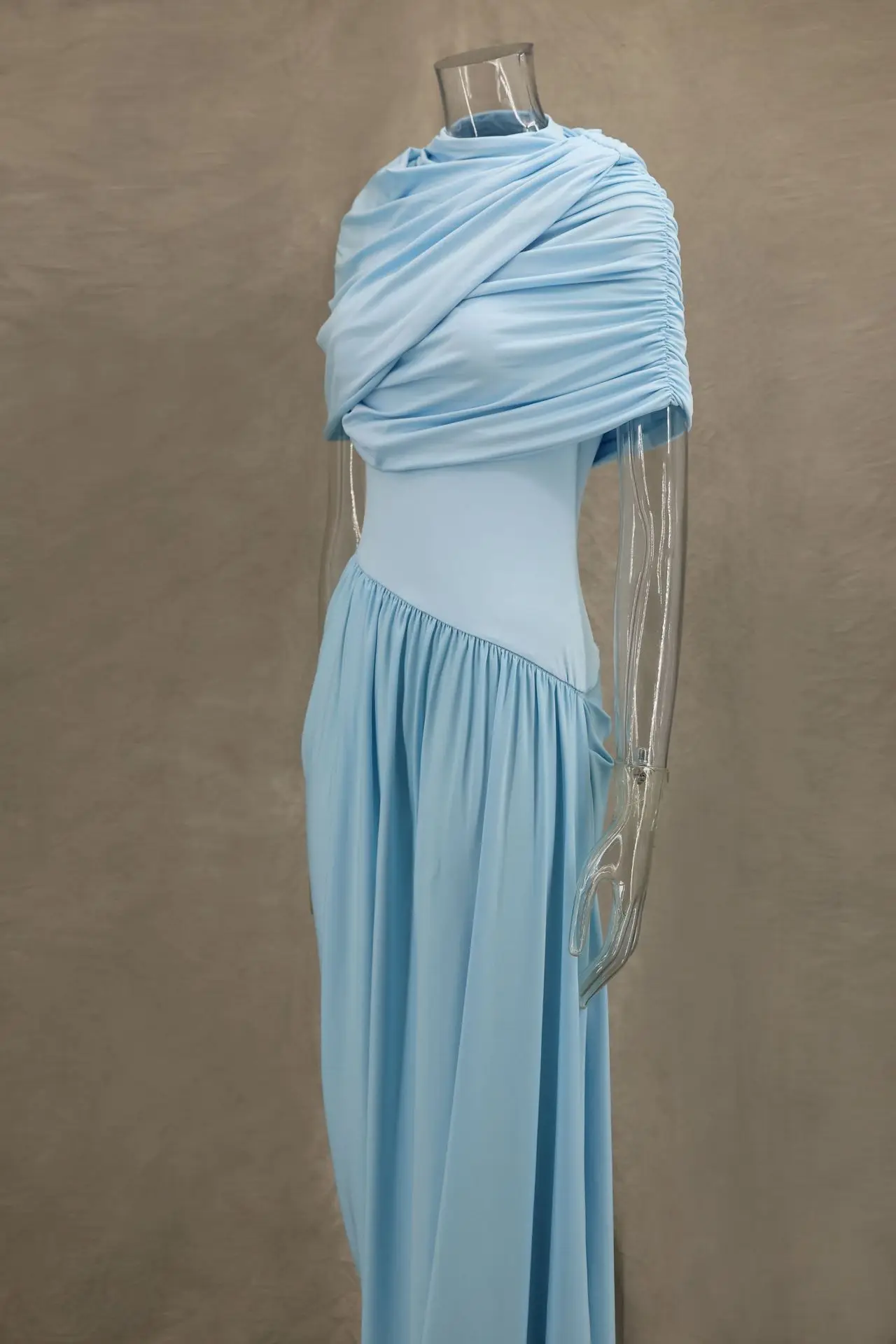 Elegant Shawl Ruched Asymmetrical Maxi Women Dress Summer Light Blue Slim Light Blue Party Dress Female Chic Evening Prom Gowns - AliExpress 200000345