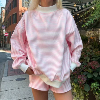 Striped Sweatshirt Sets for Women 2 Piece Shorts Outfits Y2k Long Sleeve High Neck Pullover and Shorts Lounge Fall Tracksuit 1
