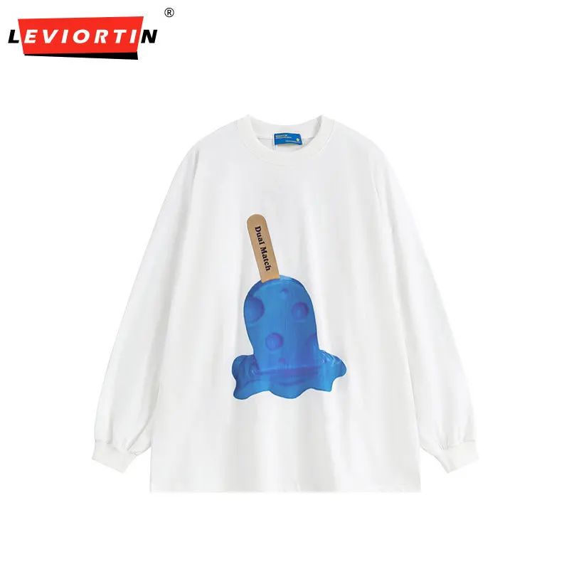 

Youth Pop Popsicle Print Long Sleeve T-shirt Men's Casual Loose Round Neck Autumn Cotton T-shirt Men's Top