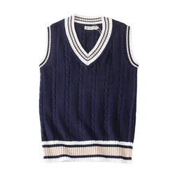 Men's Thick V-Neck Sleeveless Striped Retro Sweater Vest - Preppy Style Casual Chic - 3XL -fits 83-92kg (Blue)