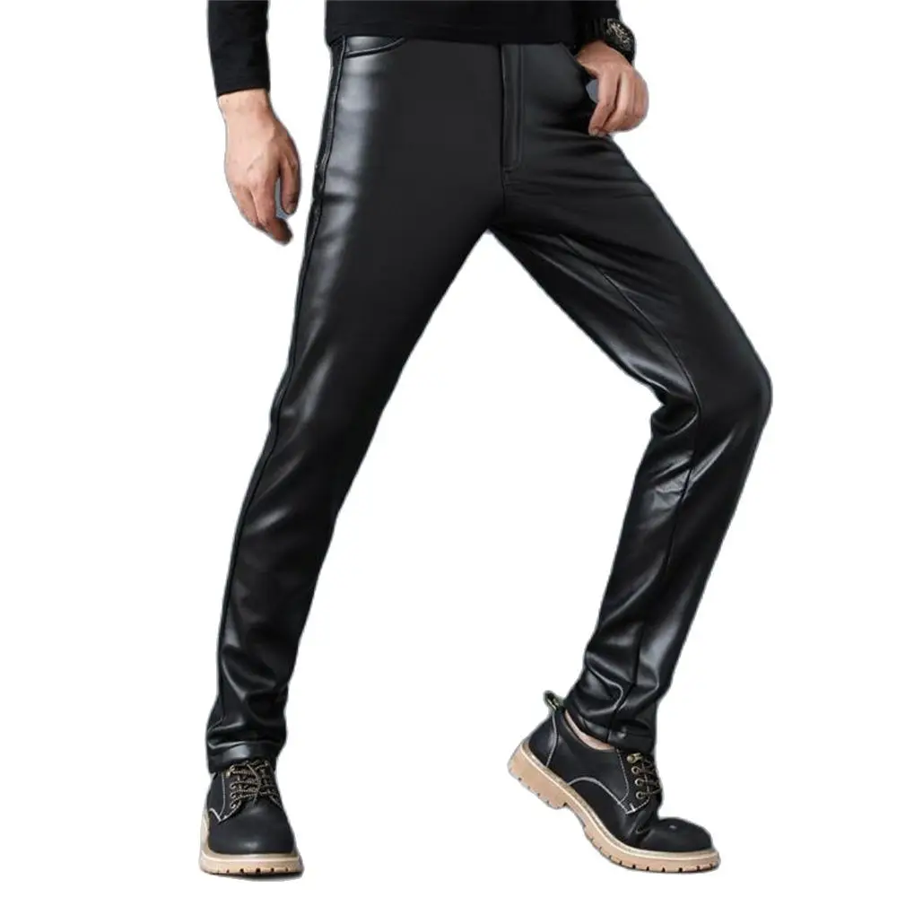 

Осенние мужские кожаные брюки, бархатные облегающие эластичные стильные брюки из искусственной кожи, мотоциклетные брюки, плотные уличные облегающие Капри