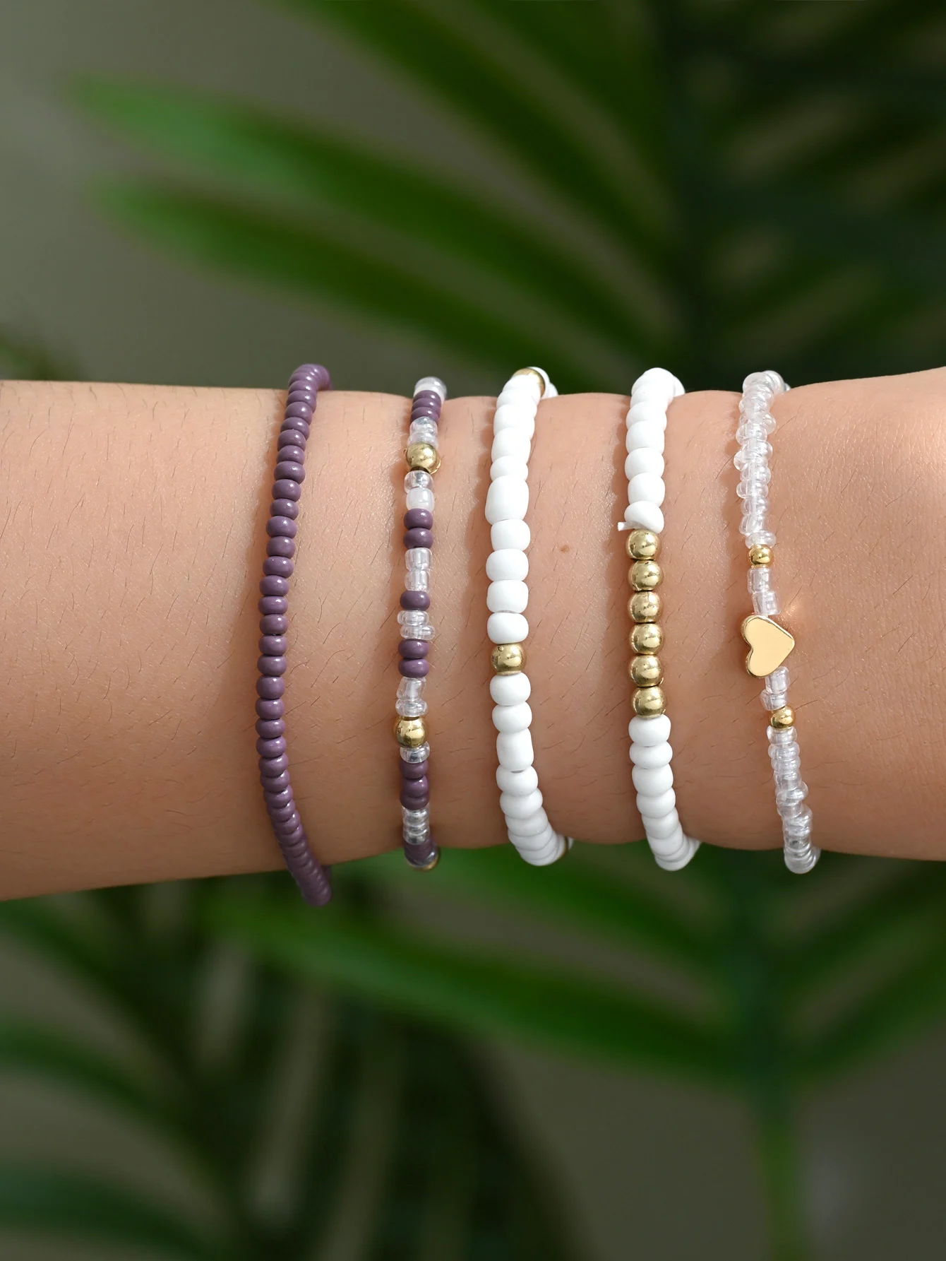 5PCS Bohemian Handmade Beaded Love Decoration Multi layer Elastic Bracelet