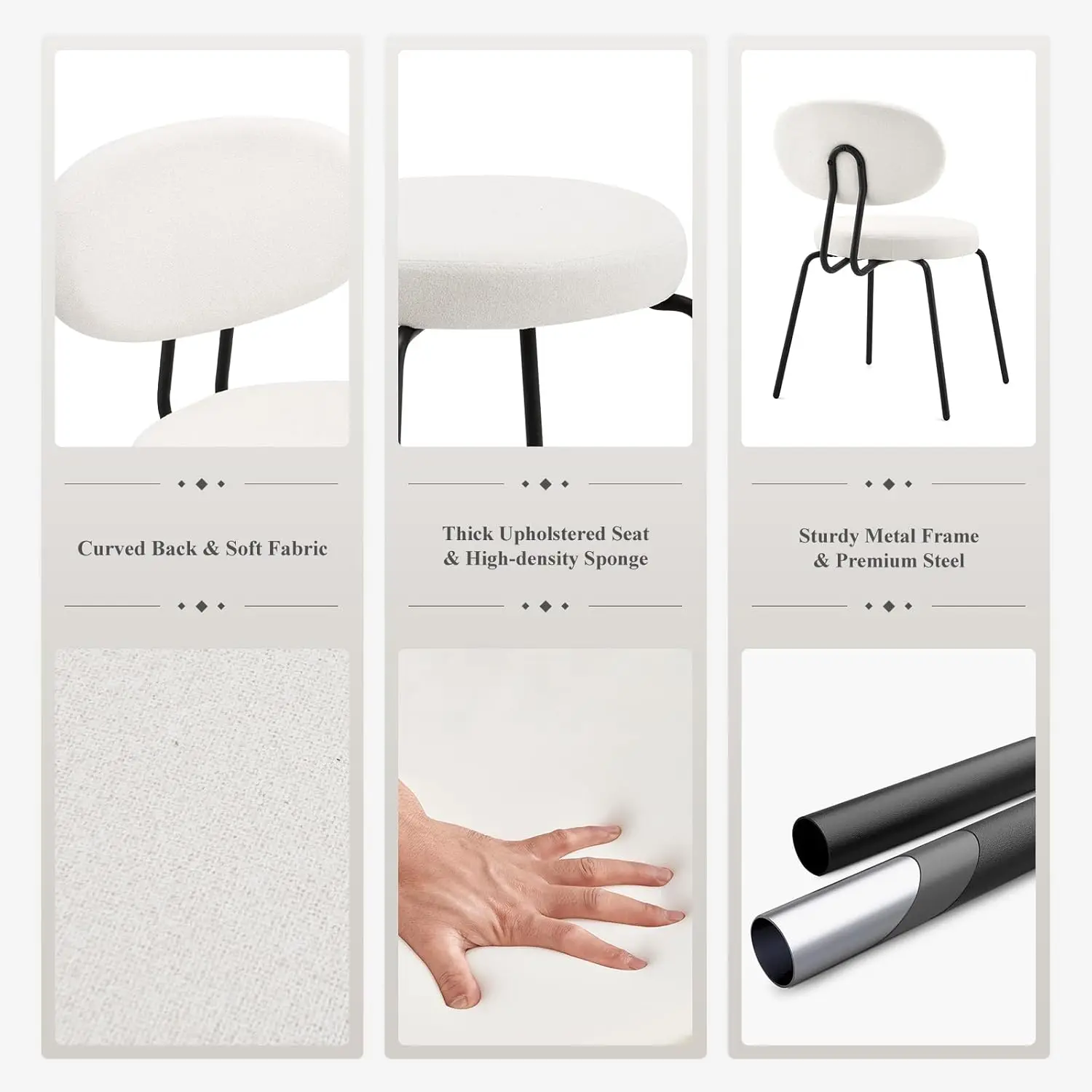 Modern Dining Chairs Set of 2. Mid Century. Upholstered. Curved Backrest. Round Seat. Black Legs. Cream.