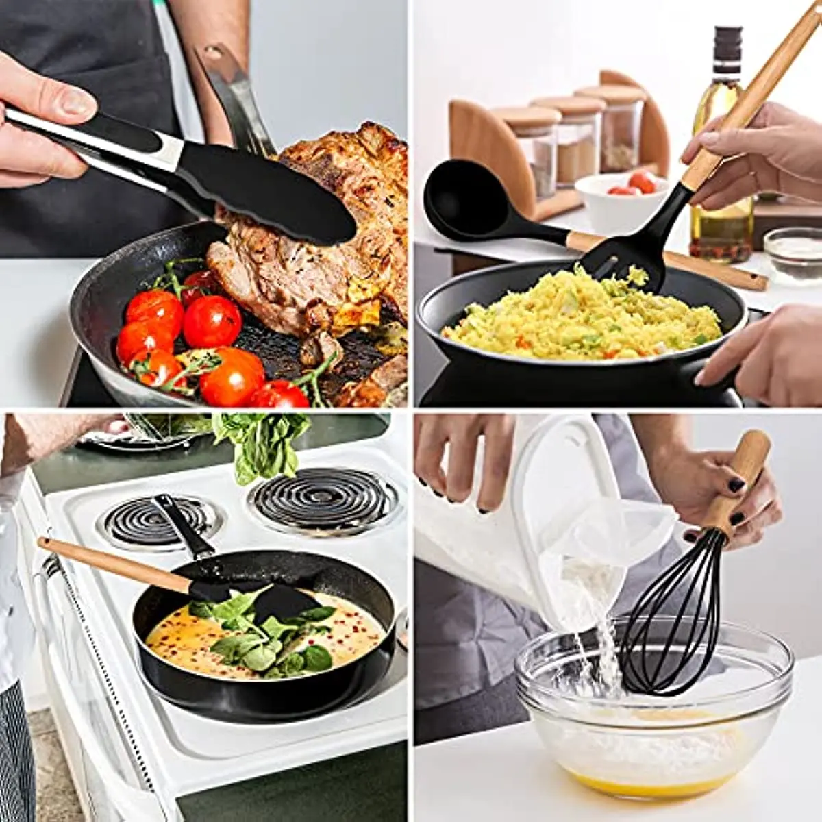 12pcs Wooden Handle Silicone Kitchen Utensils Cooking Non-stick Pan Storage  Bucket Egg Whisk Hot Mix Stir-Fry Cookware Set