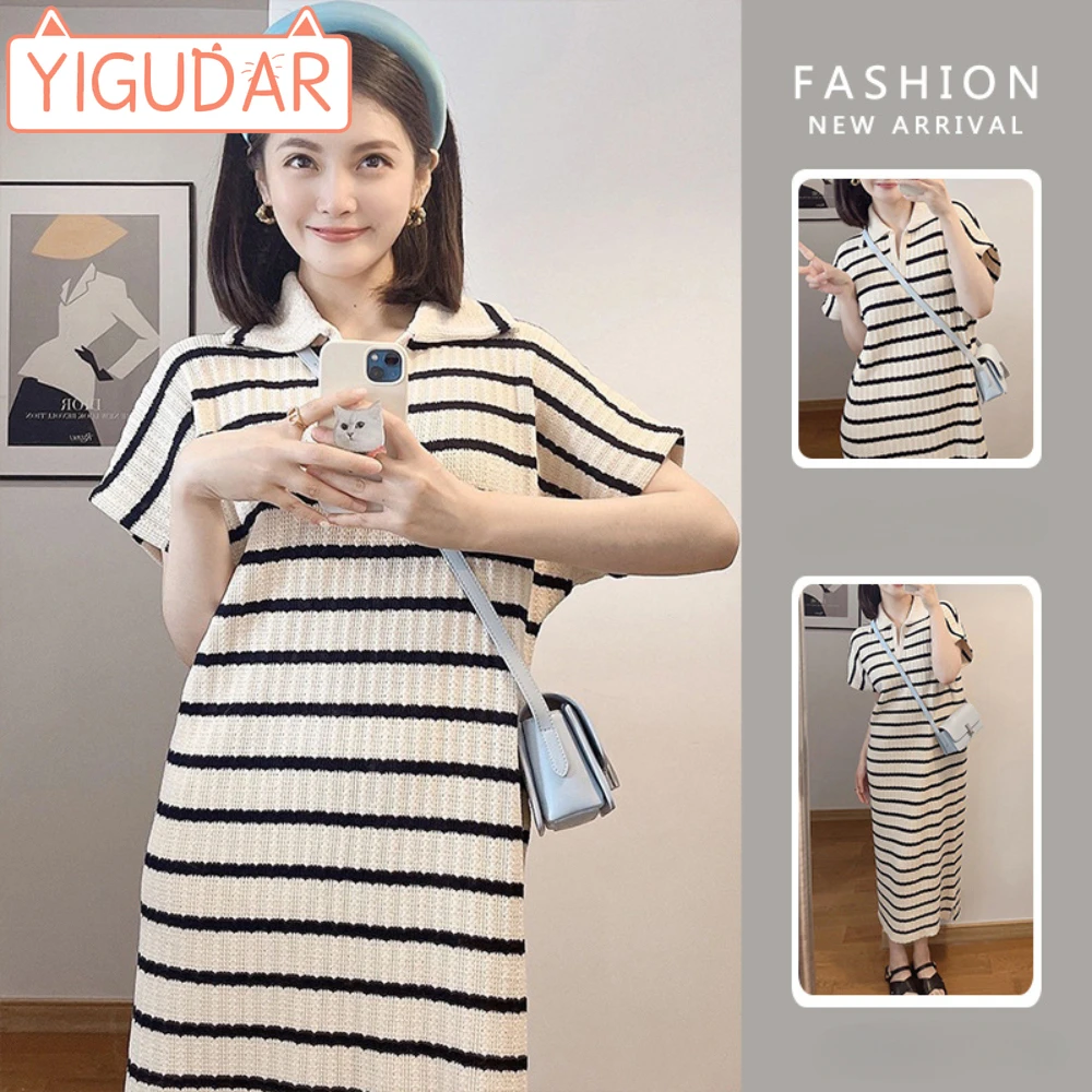 

Pregnancy Clothes 2024 Summer Knitted Maternity Dresses Medium Length Fashion Stripe Loose and Slimming Pregnant Women's Dress