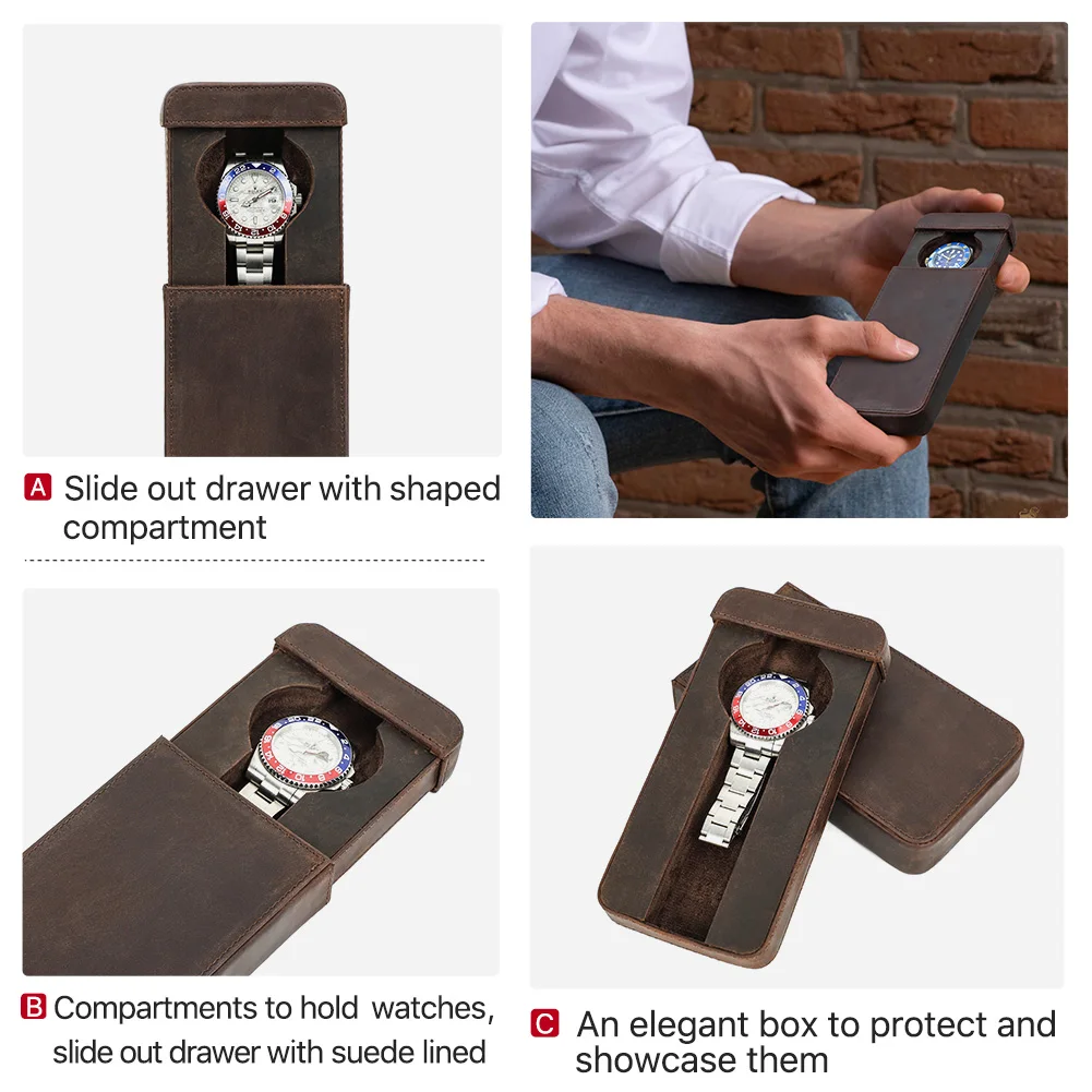 Handmade Vintage Genuine Leather Single Watch Slip Case Display Watches Organizer Travel Portable Pouch For Men or Women Gifts
