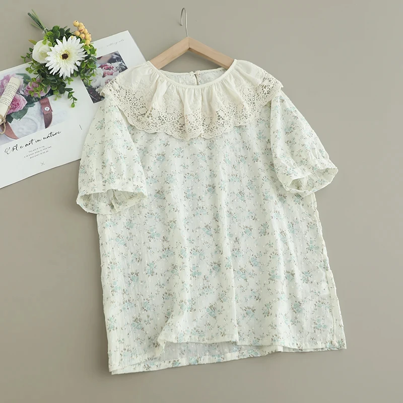 Summer Sweet Mori Girl Hollow Out Embroidered Floral Print Blouse Women Short Sleeve Casual Loose Cotton Tops