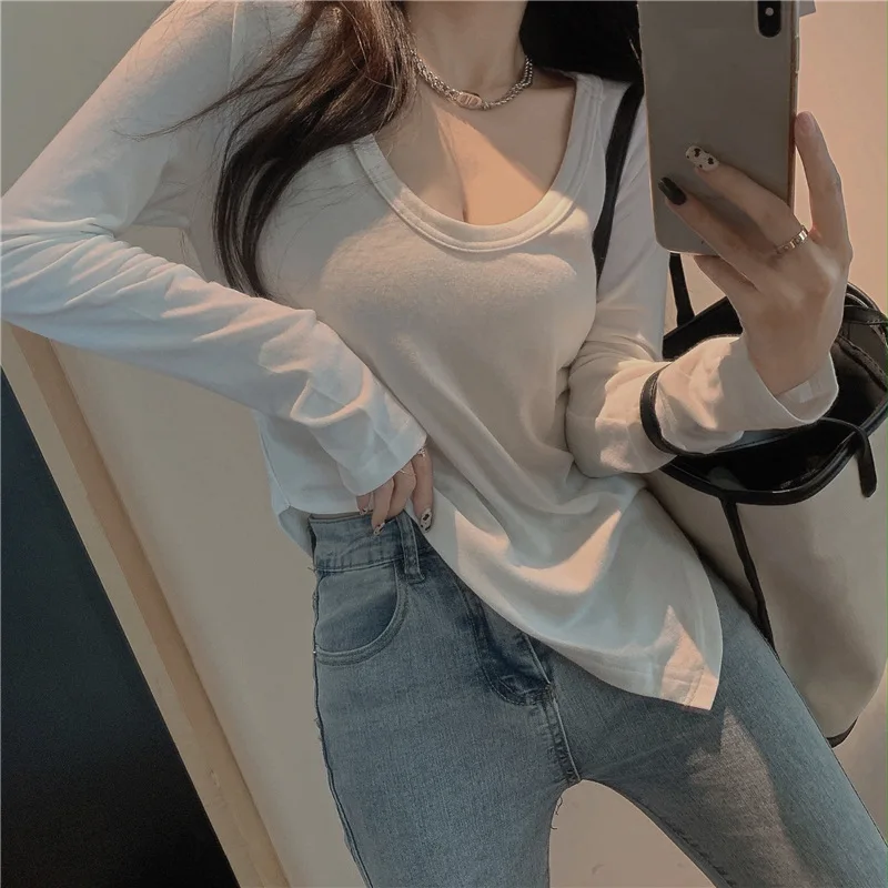 Women Deep V Neck Long Sleeve Slim Tshirt
