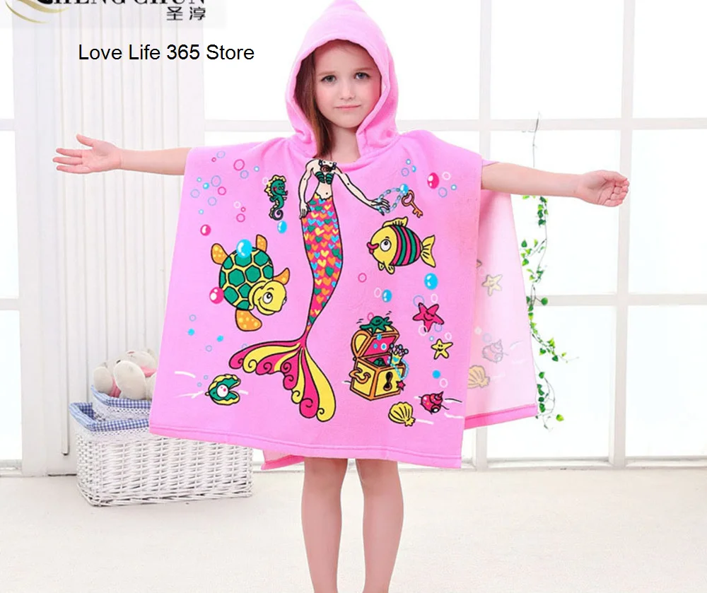 

Mermaid Shark Children Microfiber 60*60 CM Beach Towel Wetsuit Hooded Cloak Quick-dry Poncho Bathrobe Bath Towels for Swim Surf