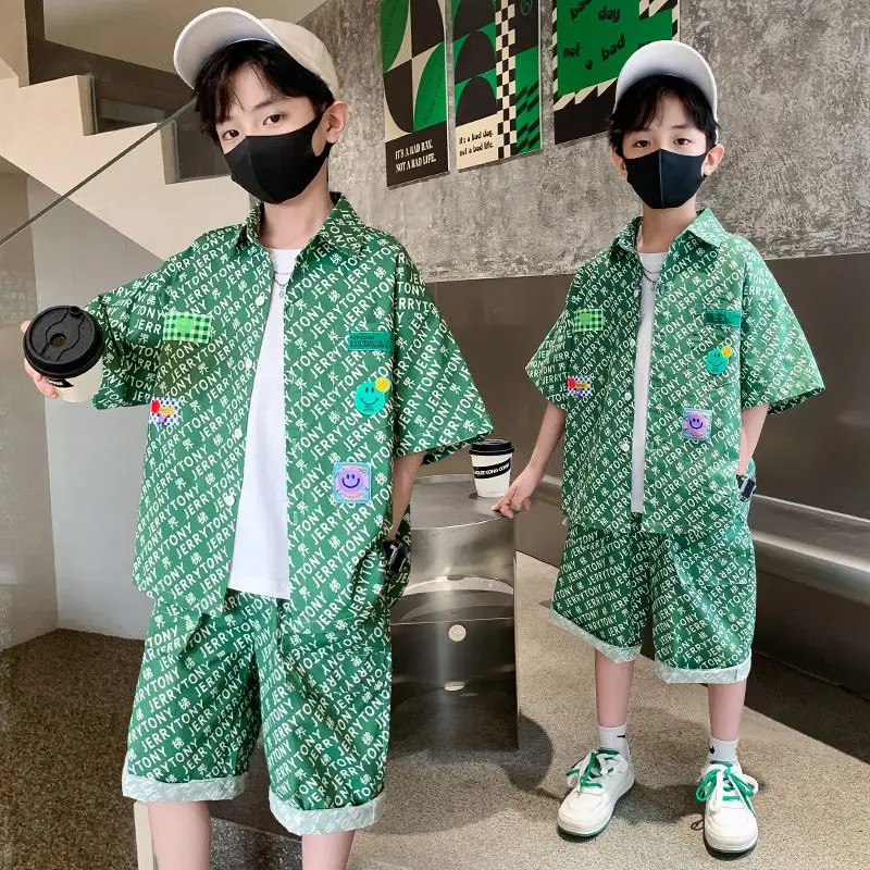

2023 Children Fashion Outfit Suit Cool Big Boys Letter Clothes Summer Teens Boys Shirt+Shorts 2PCS Clothes Sets 4 To14Years Old
