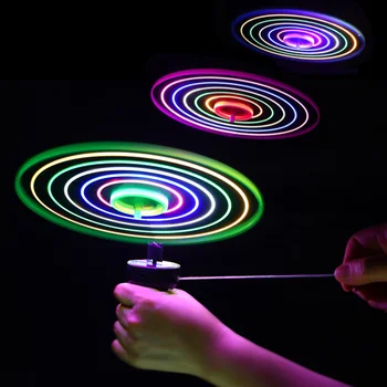 1pc Playing Plastic Pull String Spinning Line Toy Led Flashing Light Up Flying Saucer UFO LED Handle Kid Popular Outdoor Toys 1