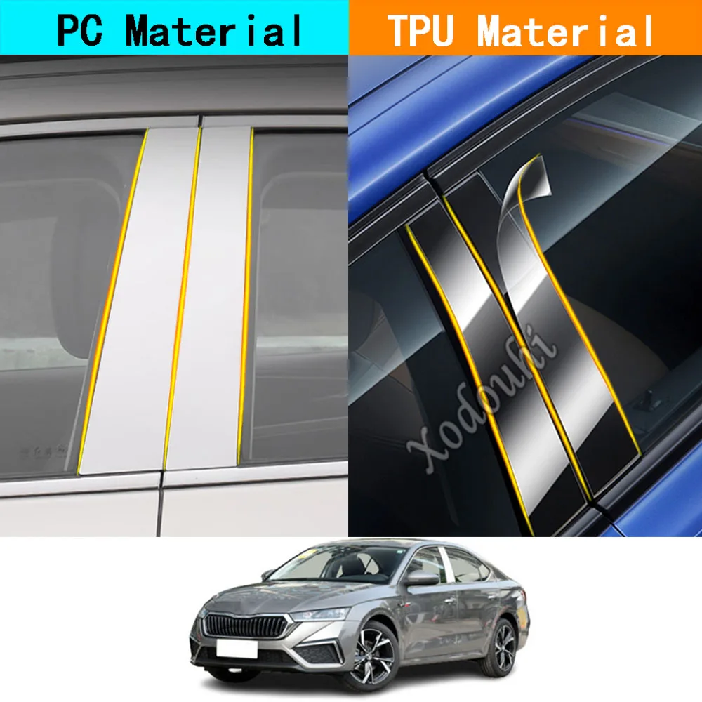 Car Tpu/Glossy Mirror Pillar Post Cover Per Skoda Octavia Pro 2021 2022-2024 Door Trim Window Molding Stickers Accessori 6 Pezzi