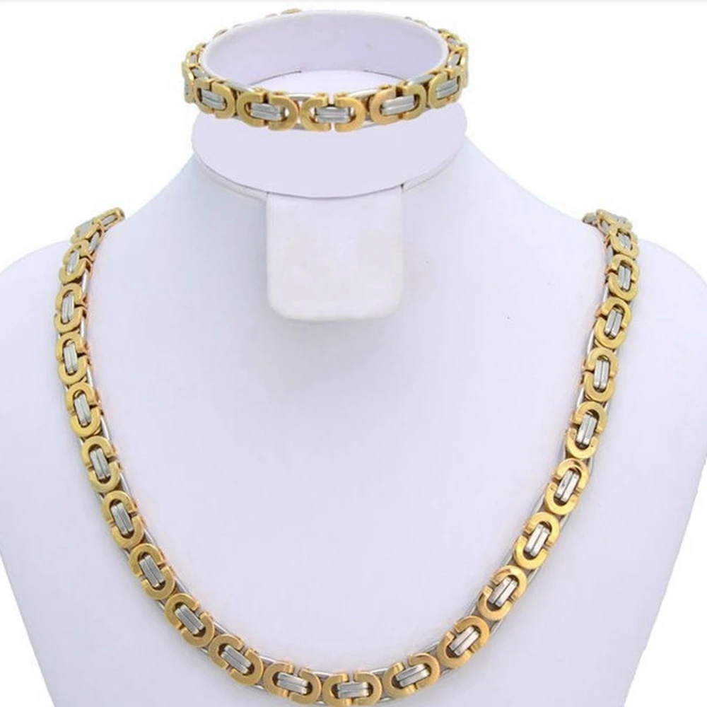 

8mm Set Jewelry High Quality Polished Necklace Bracelet for Men Women Flat Byzantine Chain Stainless Steel Set Jewelry