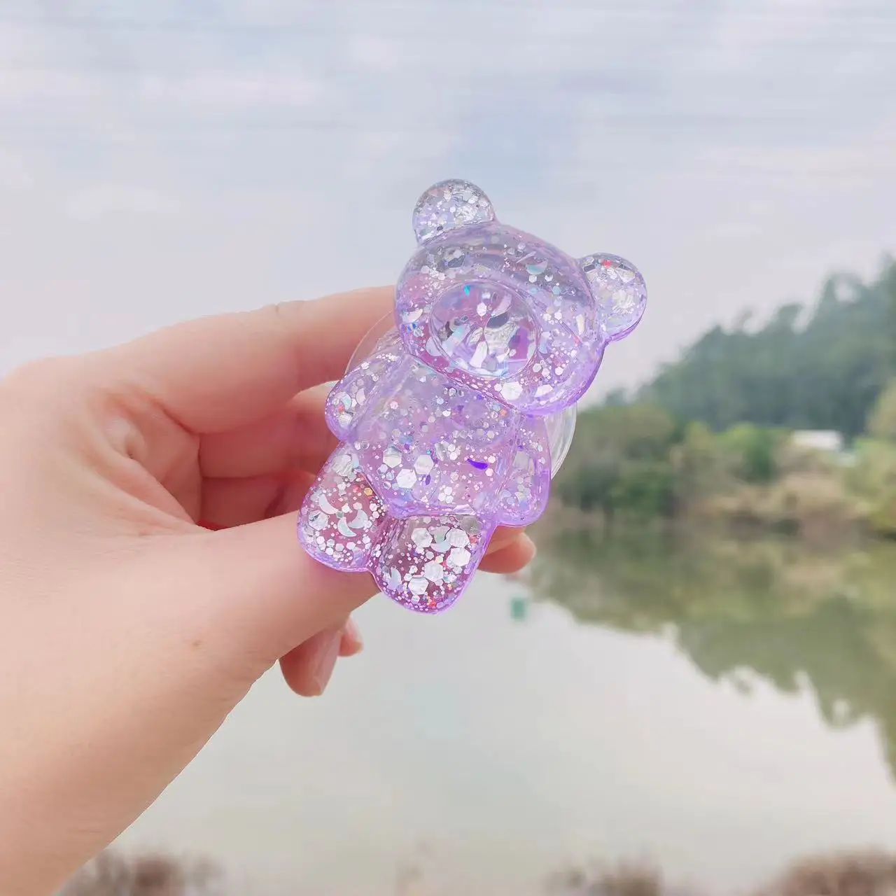 iphone charging dock Glitter bear transparent three-dimensional lazy retractable desktop back with air cushion support phone holder for car cup holder Holders & Stands