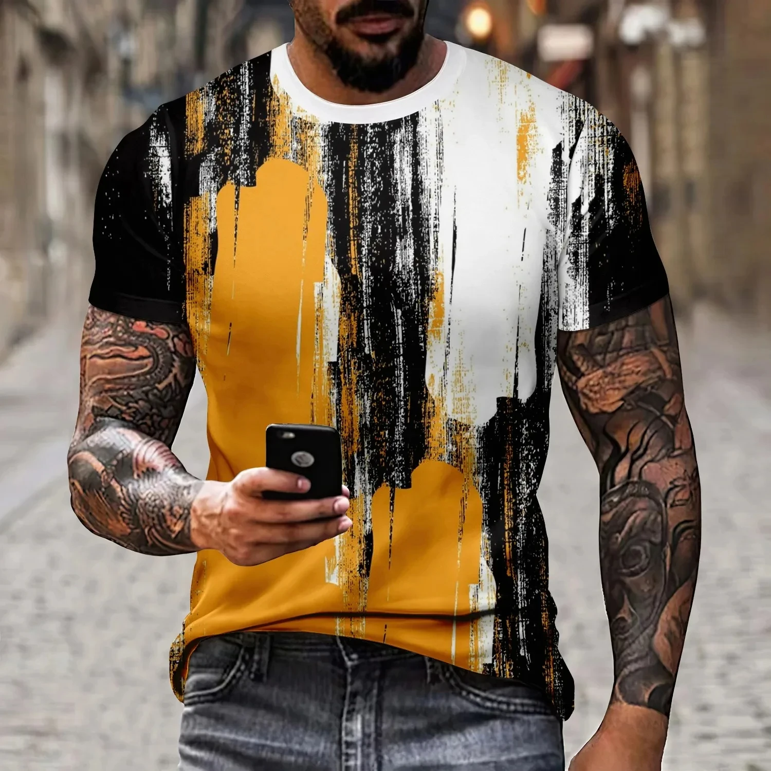 

Retro Color Blocking Design Men's T-shirt 2024 New Striped 3D Printing Oversized Personalized Fashion Round Neck Men's Top