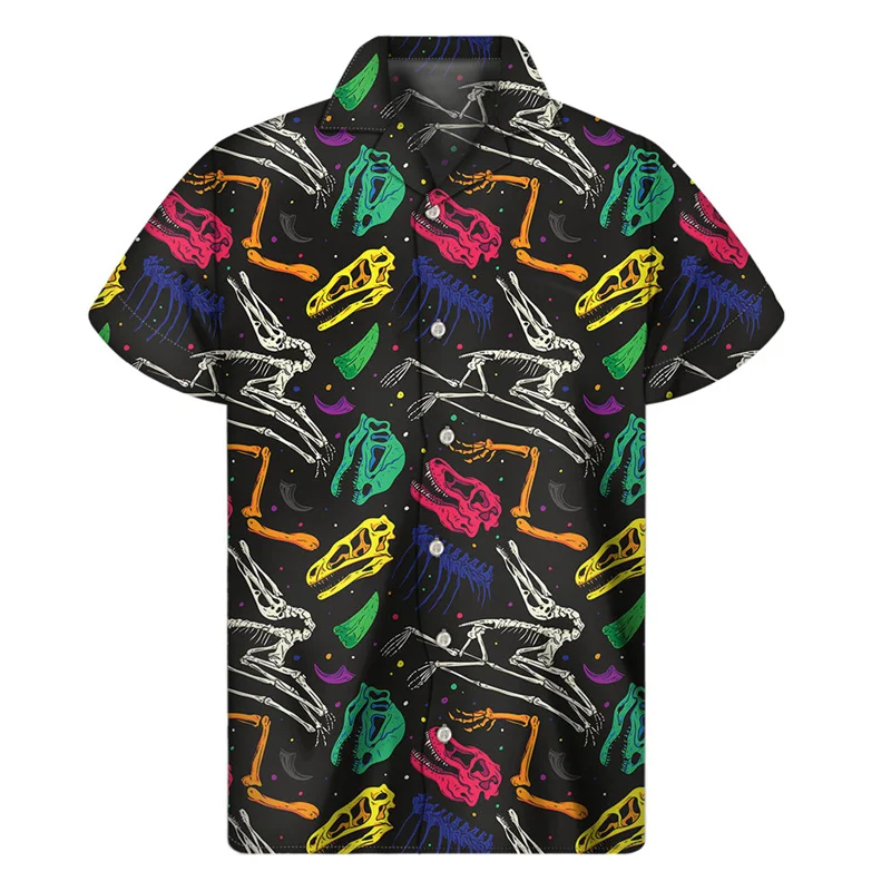 thumbnail image 1 of Camisas hawaianas con estampado de dinosaurios de dibujos animados para hombre, camisa de verano con solapa de animal con estampado 3D, blusa holgada de manga corta con botones para la calle, 1 of 5