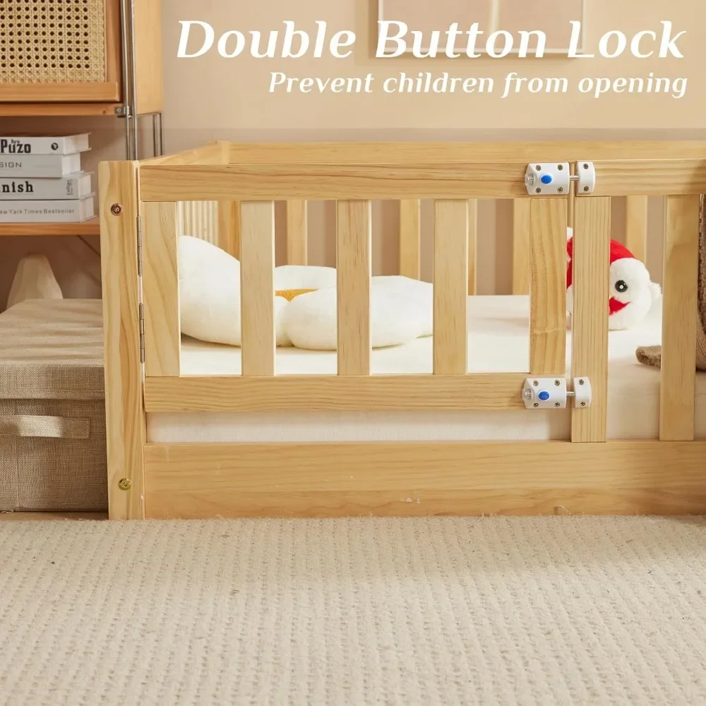 home Toddler Floor Bed with Door and Fence for Kids, Montessori Bed with 12 Slats and Safety Guardrails, Kids Bed Solid Wood 3