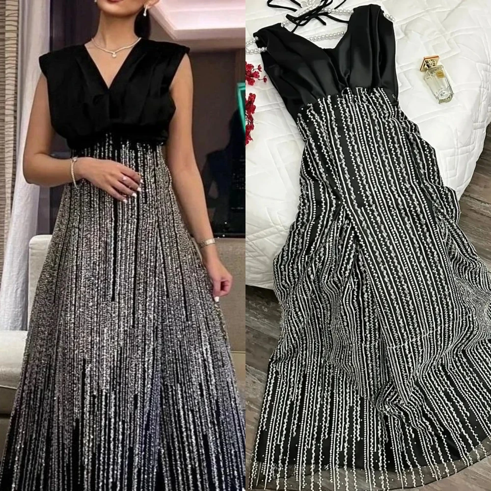 

es High Quality Exquisite V-neck A-line Sequins Satin Formal Occasion Gown Vestido Verde Esmeralda فساتين نسائيه سهره