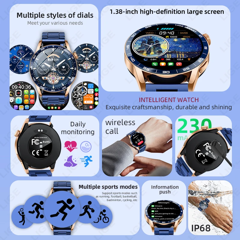 LIGE New Smart Watch For Men 1.38inch Full Touch Screen Bluetooth Call Waterproof Watches Sport Fitness Tracker Smartwatch Women
