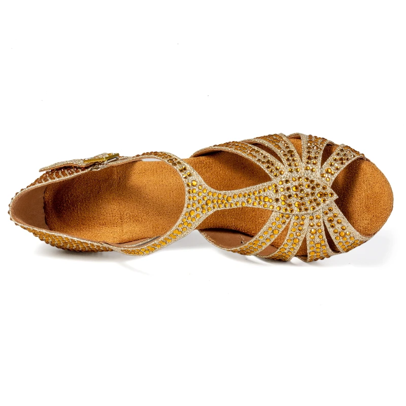 Latin Dance Shoes 2025 New Adult Women's Mid Heel 7.5cm Gold Diamond Set Soft Bottom Dance Shoes 5
