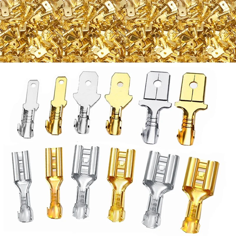 100 ชิ้น/ล็อต 2.8/4.8/6.3 มม.หญิงและชาย CRIMP TERMINAL ทองเหลืองรถลําโพงไฟฟ้าตัวเชื่อมต่อสายไฟและฉนวน Sheath 1