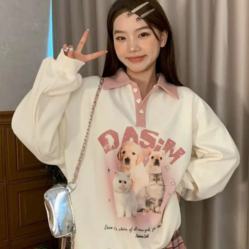 

New Korean Style Cute Dog and Cat Cartoon Sweatshirt Preppy POLO Shirt Long Sleeve Tops Hip Hop Winter Streetwear Kawaii Clothes