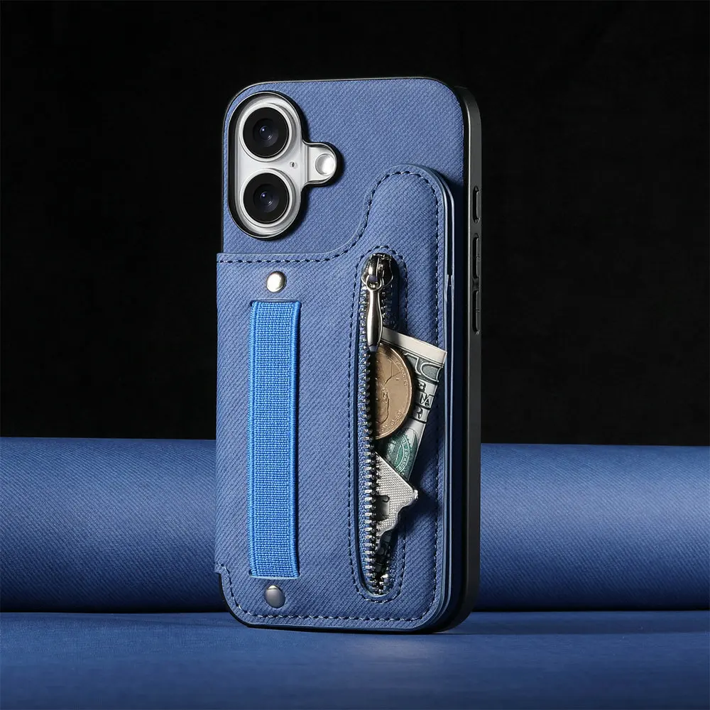Luxury RFID Leather Flip Case with Zipper Card Holder and Elastic Strap
