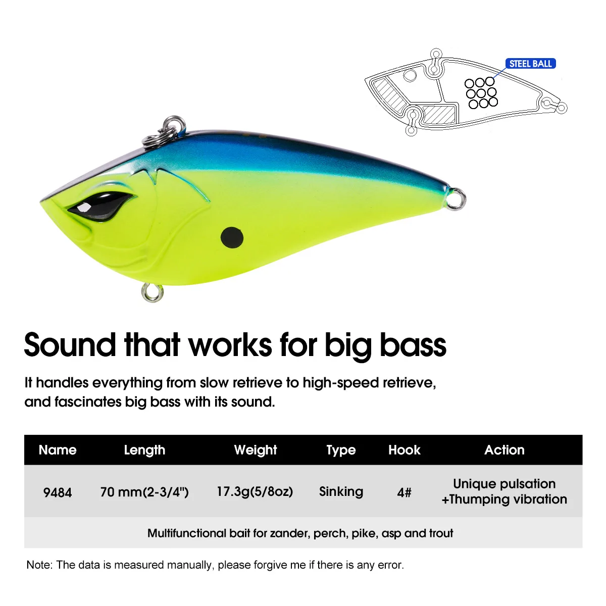 NOEBY Esca artificiale senza paletta da 7 cm, 17,3 g, affondante, con sonaglio e vibrazione, wobbler, esca rigida artificiale per la pesca del persico._voghion.com