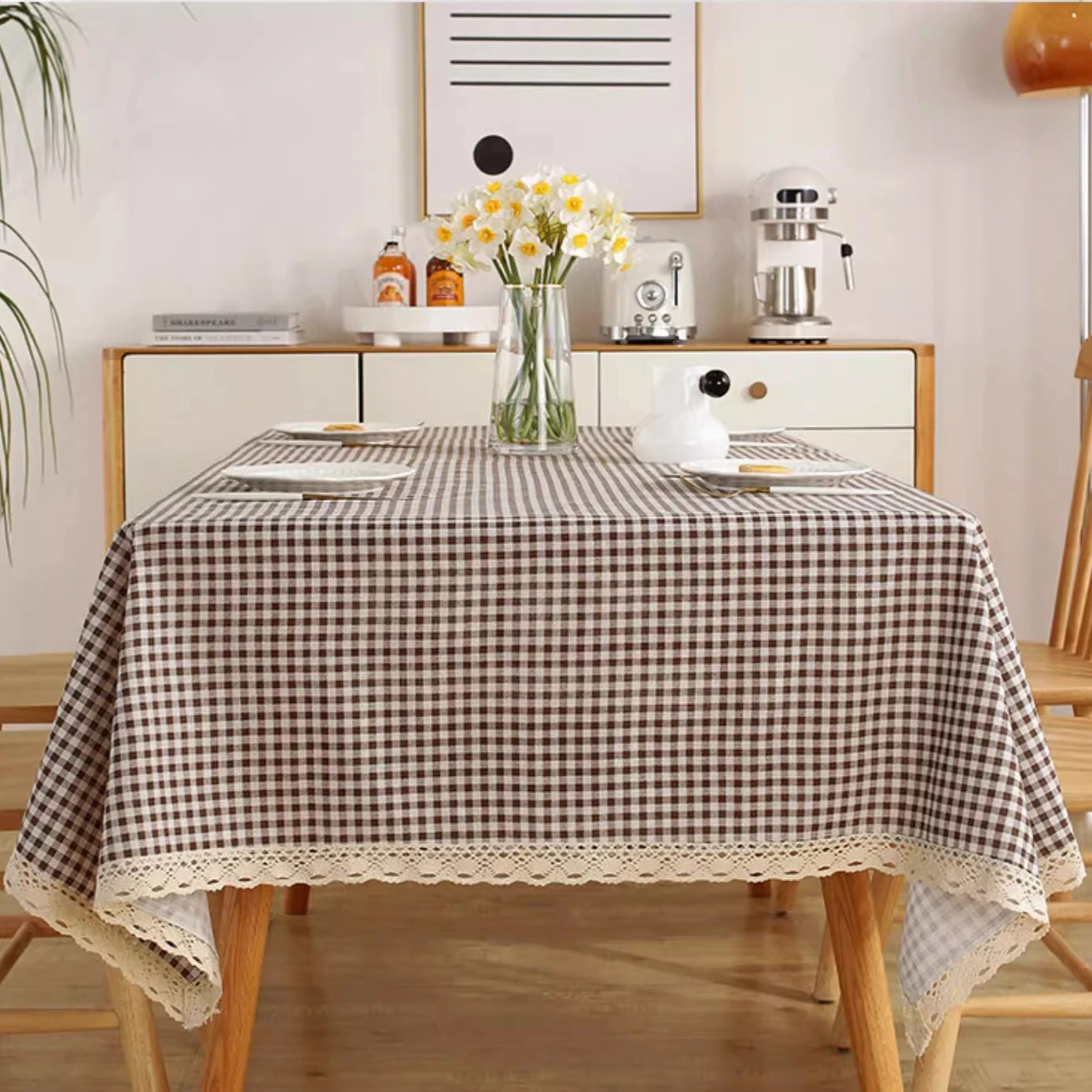 Nordic Minimalist Style Coffee Grid Tablecloth with Off-White Trim Rectangular Dining Table Cover 5