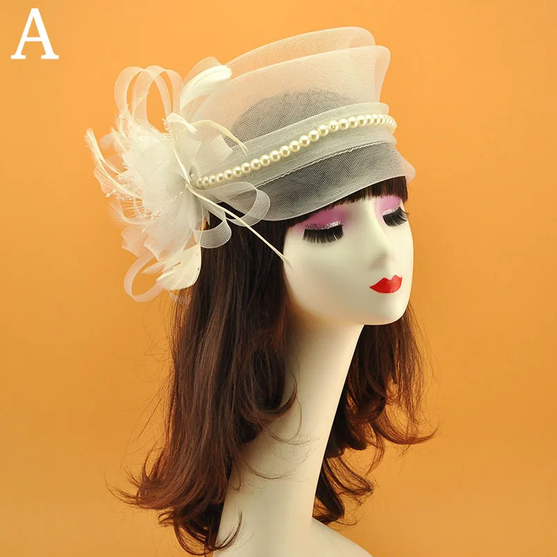 

White Elegant Wedding Hat Retro Topper Gauze Top Hat Mesh Hat Headdress Spring Summer Fashion Bowknot Pearls Decoration