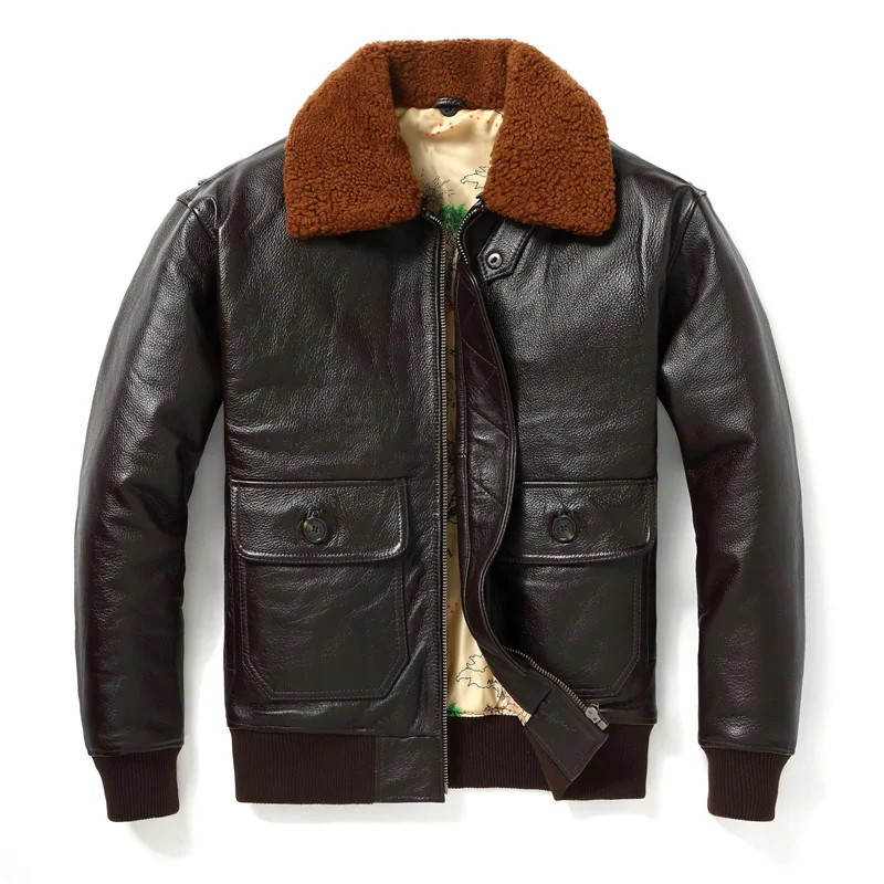 

Dark Brown Men's Winter G1 Jacket Military Style Europe Size Map Lining Natural Thick Cowhide Aviation Genuine Leather Coats