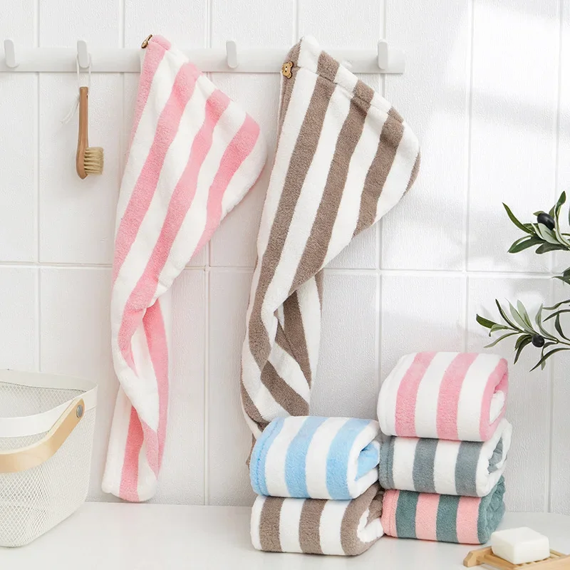 Dry Hair Towel Microfiber Coral Velvet Striped Pattern Hair Cap for Women Turban Water-Absorbent Quick-Drying Striped Shower Cap