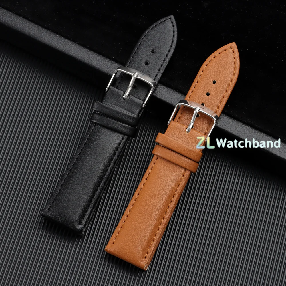 Vintage Calfskin Leather Watch Band with Pin Buckle - Silver, Black, Gold, and Rose