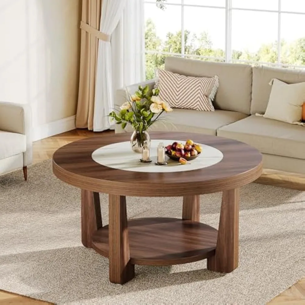 Coffee Table, 2-Tier Round Coffee Table with Heavy-Duty Wood Tabletop for Living Room,Circle Wood Accent Center Table 2